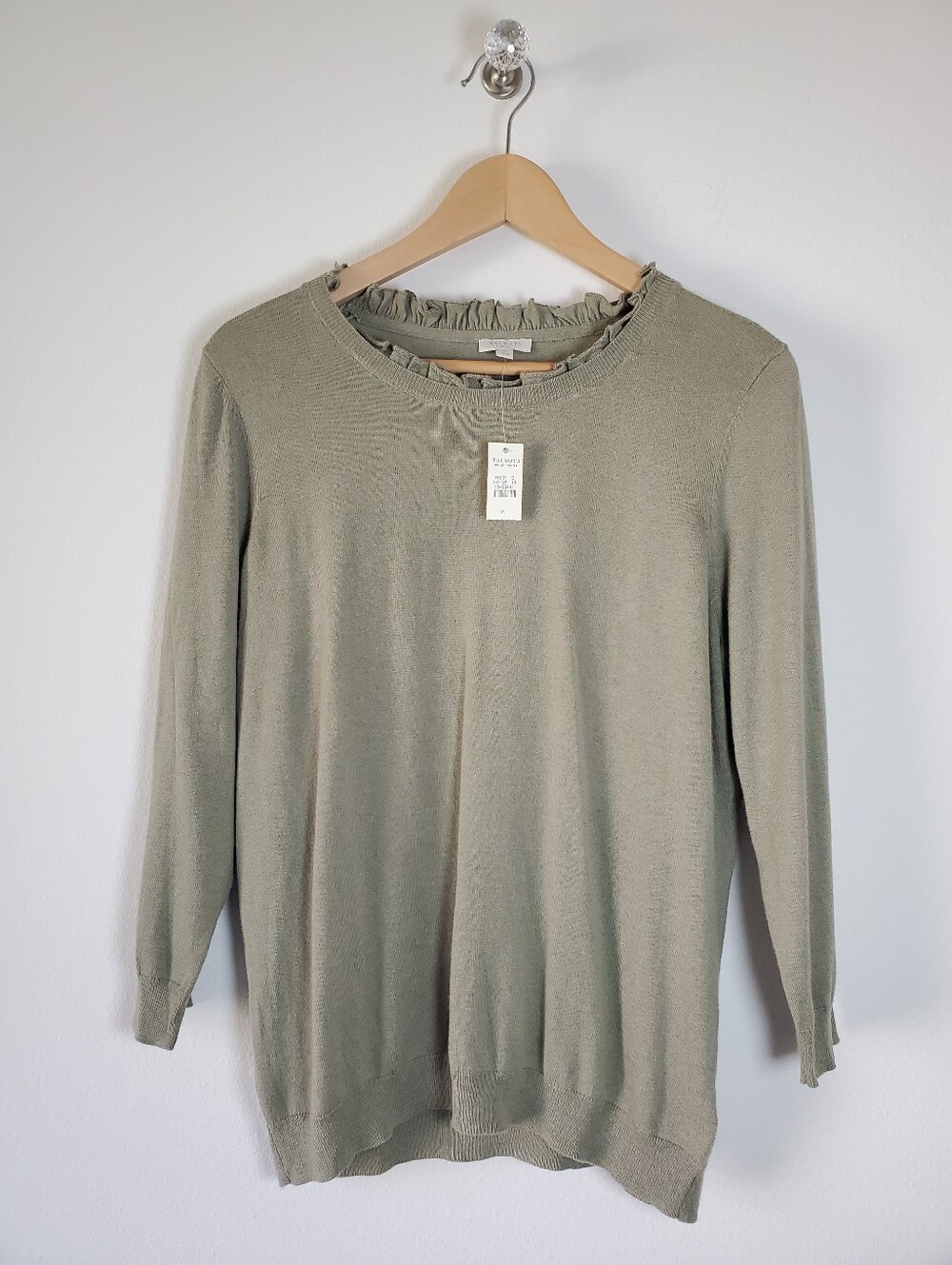 Talbots Classic Ruffle Neck Sweater In Sage Green Cotton Blend Size Petite Large